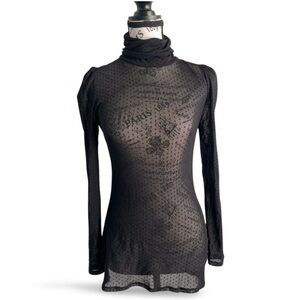 RW&CO Black Sheer Mesh Polka Dot Turtleneck Puffed Shoulders Top Size XS